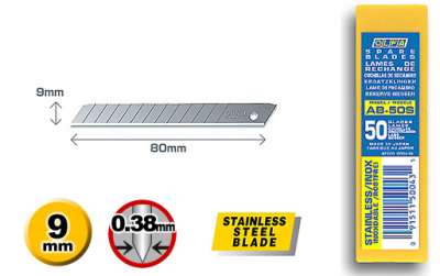 Сменные лезвия для ножа OLFA сегментированные, AB-50S, 9х80х0.38 мм, 13 сегментов, пачка 50 шт