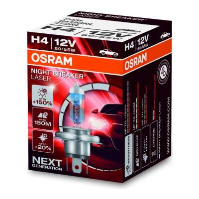 Лампа H4 12V 60/55W NIGHT BRAKER LASER +150 P43t в картонной упаковке